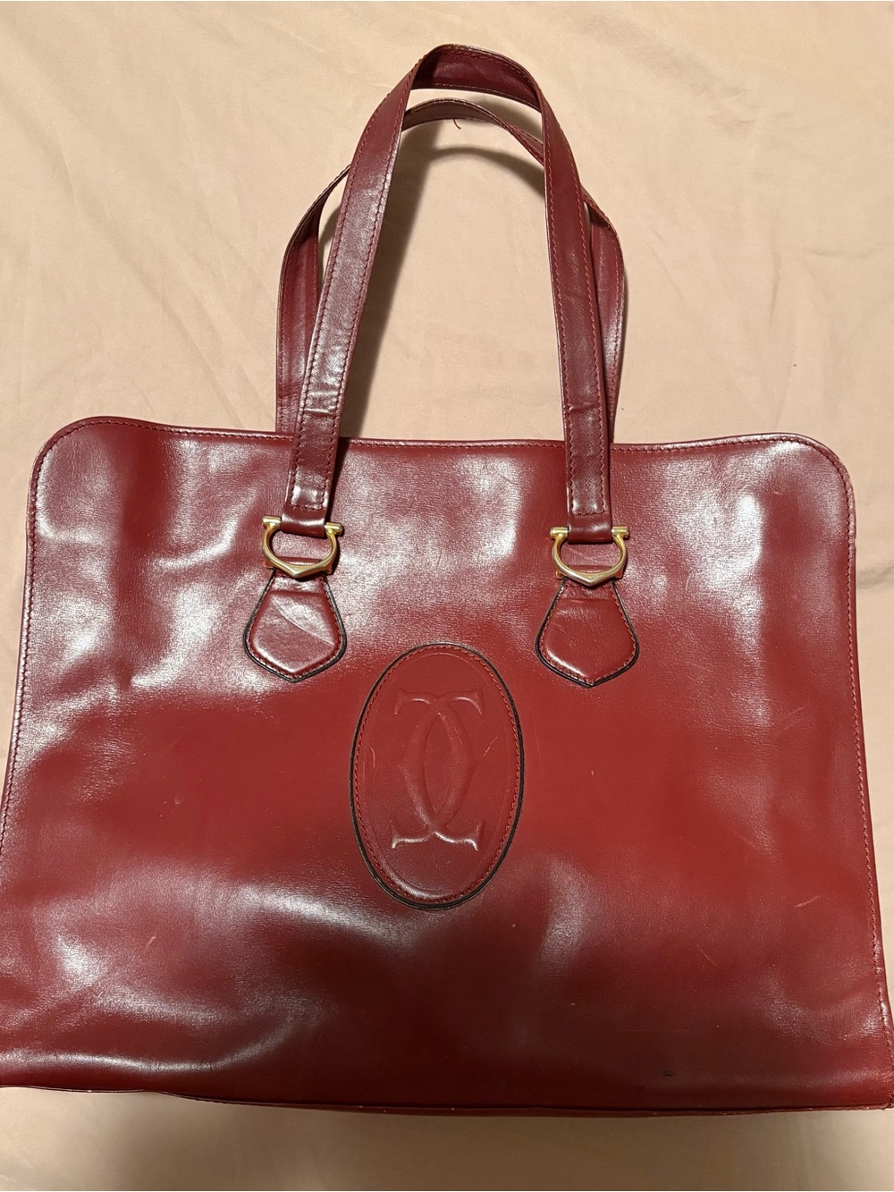 Vintage 1970s Les Must de Cartier Bordeaux Leather Tote Bag Double C Paris - Picture 2 of 11